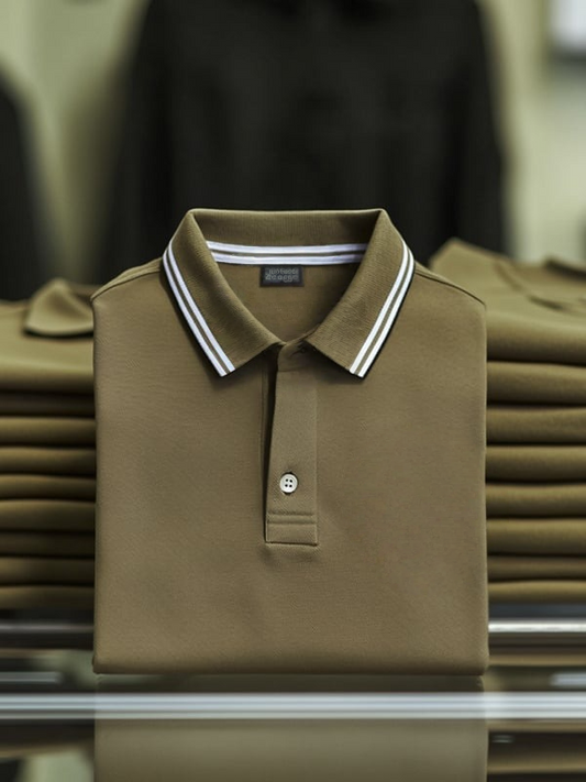 Men's Business Stripe Logo Print Short Sleeve Polo Shirt