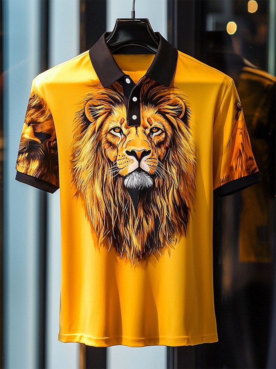 Men's Business Casual Lion Print Button Short Sleeve Polo Shirt