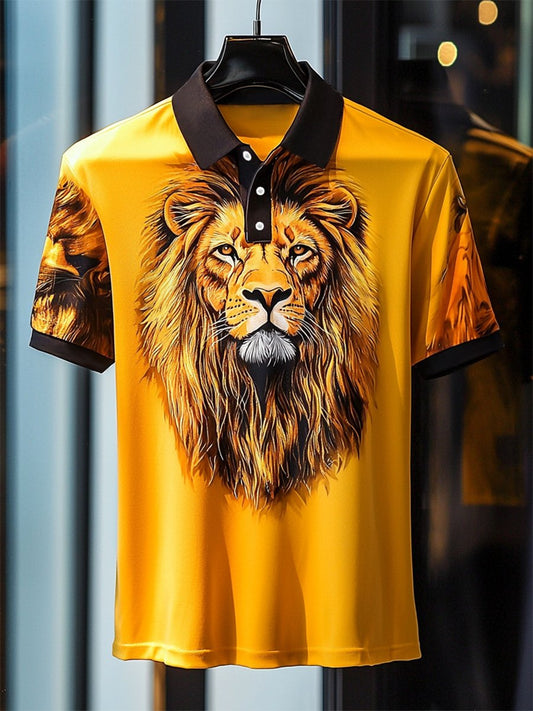 Men's Business Casual Lion Print Button Short Sleeve Polo Shirt
