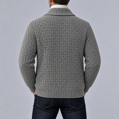 Men's Gray Geometric Textured Knit Shawl Lapel Single-Breasted Cardigan