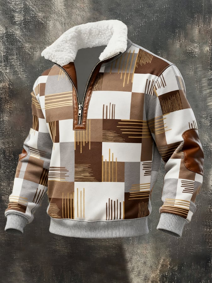 Men's Retro Distressed Color Block Print Casual Fur Collar Long Sleeve Sweatshirt