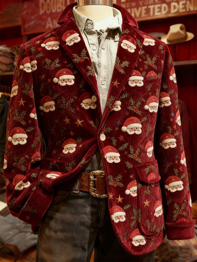 Men's Retro Christmas Art Print Corduroy Casual Jacket