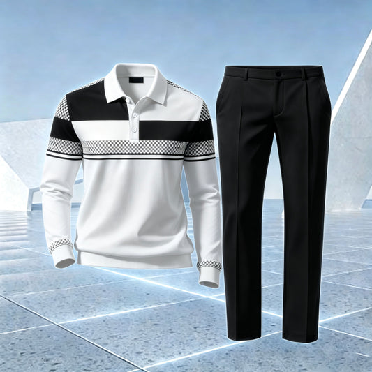 Men's Geometric Patchwork Polo Shirt and Pants Set
