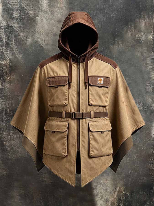 Men's Vintage Distressed Color-Block Hooded Workwear Cape/Poncho