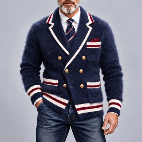 Men's Navy Blue Notch Lapel Double Breasted Contrast Stripes Knit Fuzzy Texture Blazer