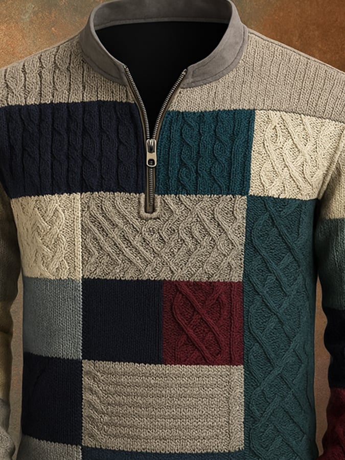Men'S Casual Retro Contrast Color Half Zip Stand Collar Long Sleeve Sweatshirt