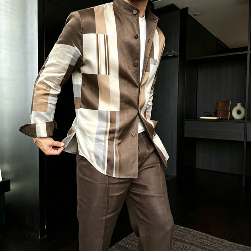 Men's Casual Multi-Color Block-Print Stand-Collar Long-Sleeve Shirt and Pants Two-Piece Set