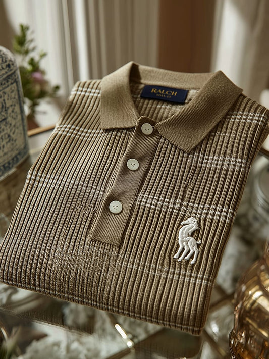 Men's Check Business Casual Short Sleeve Ribbed Knitting Polo Shirt