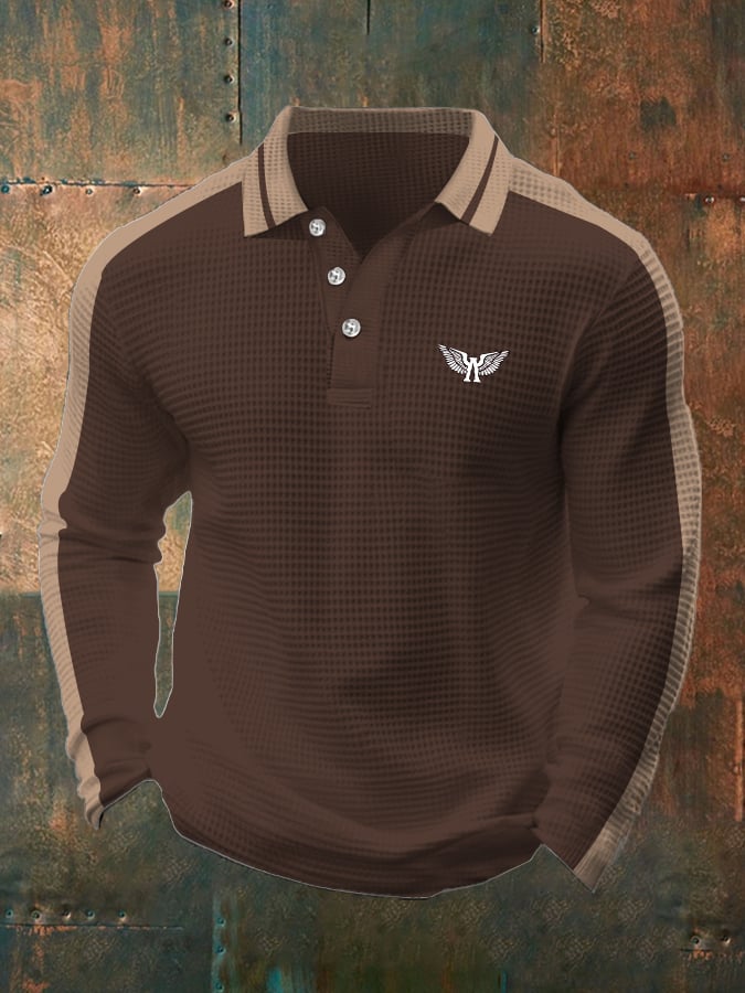 Men's Business Casual Waffle Fabric Long Sleeve Polo Shirt