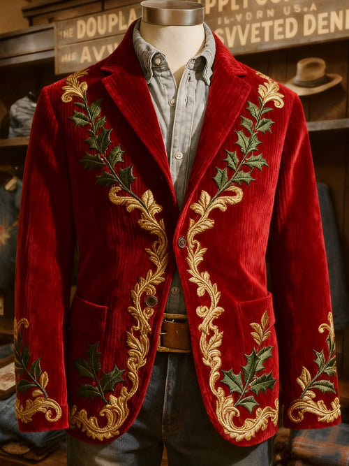 Men's fashionable Christmas holly lapel suit jacket