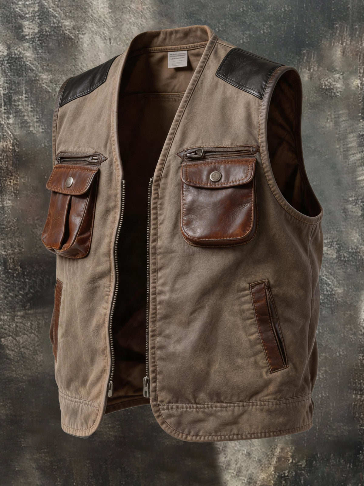 Men's Vintage-Style Outdoor Multi-Pocket Vest with Washed Finish and Leather Trim
