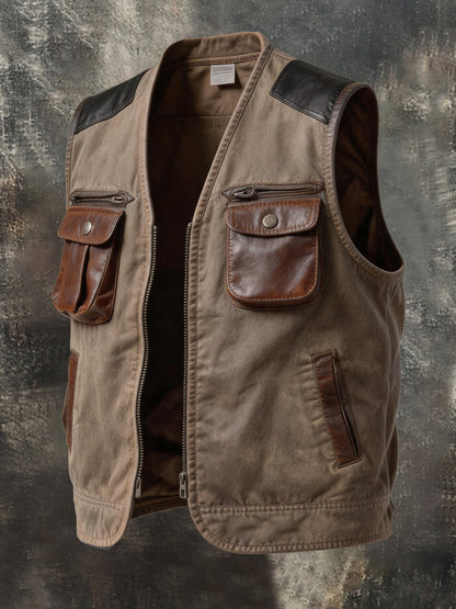 Men's Vintage-Style Outdoor Multi-Pocket Vest with Washed Finish and Leather Trim