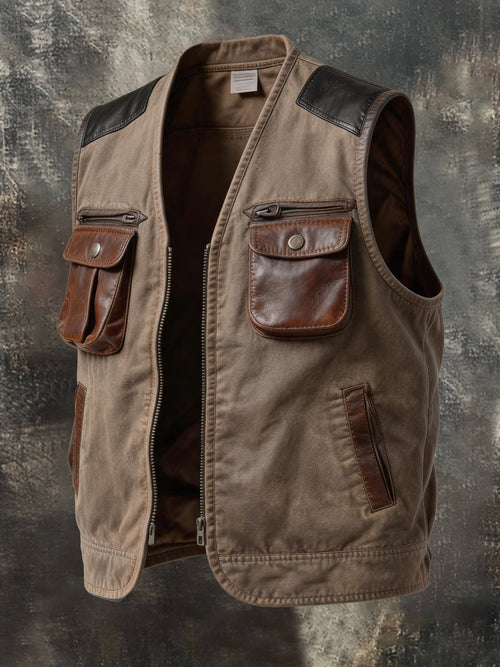 Men's Vintage-Style Outdoor Multi-Pocket Vest with Washed Finish and Leather Trim