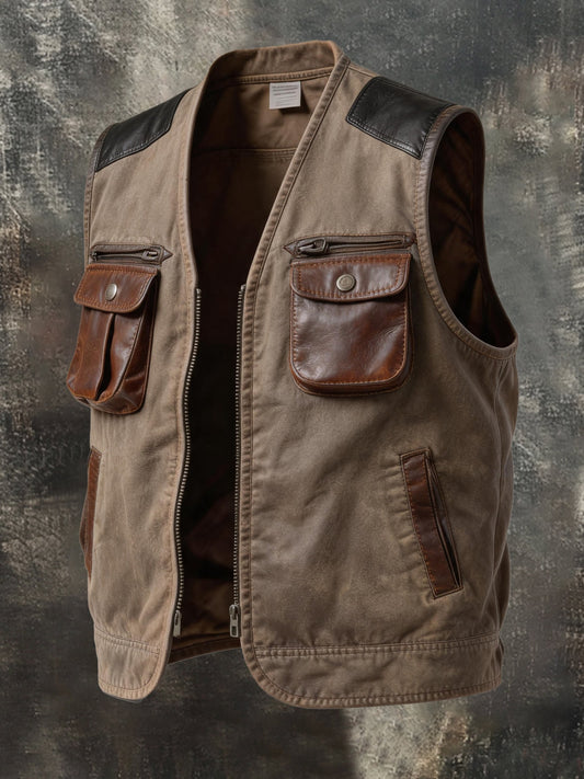 Men's Vintage-Style Outdoor Multi-Pocket Vest with Washed Finish and Leather Trim