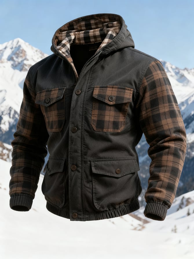 Men's Windproof, Warm And Cold-Resistant Checkered Patchwork Color-Blocking Hooded Jacket
