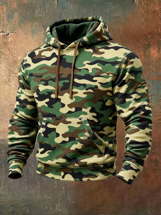 Men's Retro Distressed Color Block Camouflage Print Casual Long Sleeve Sweatshirt