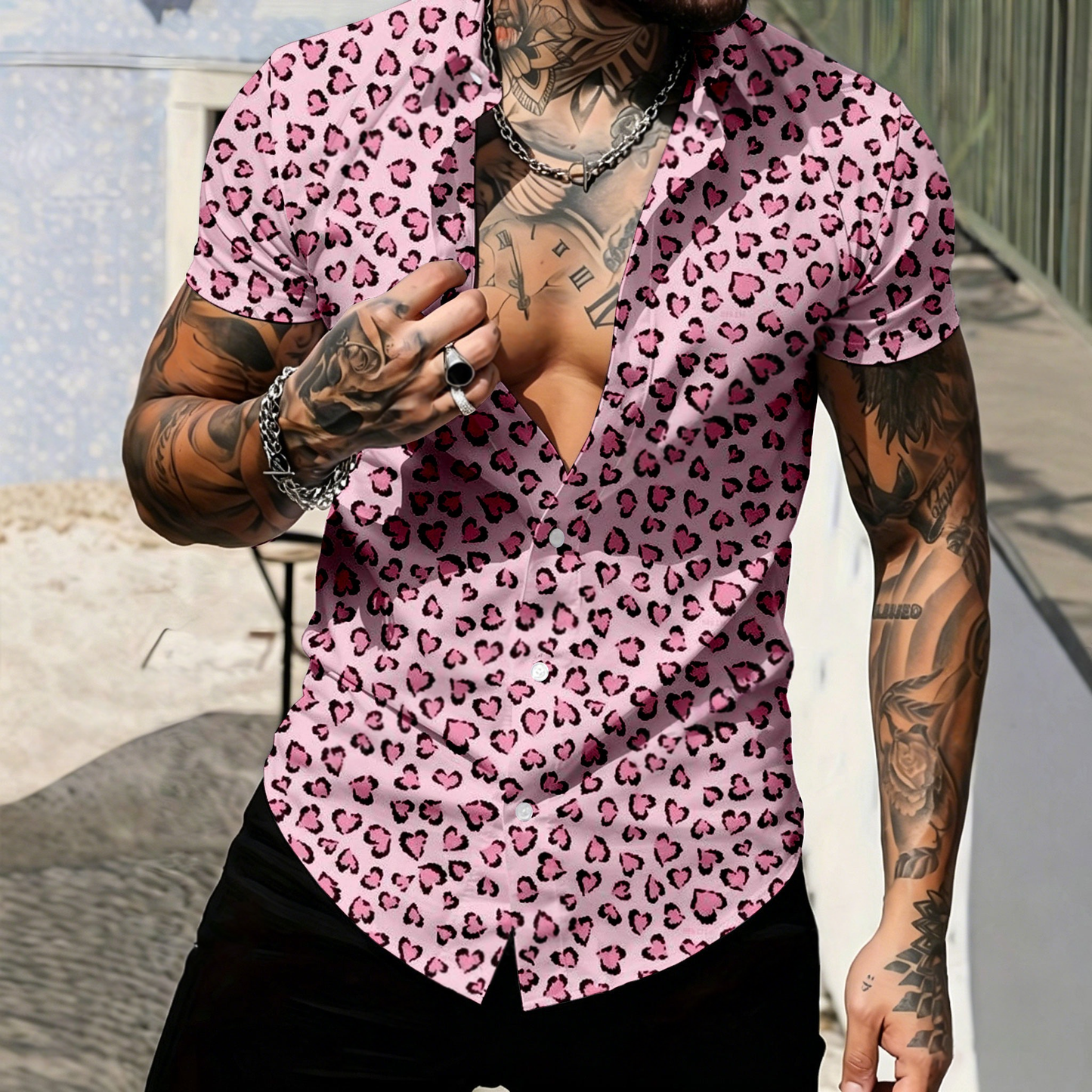Men's Casual Short-Sleeve Shirt With Pink Leopard Print