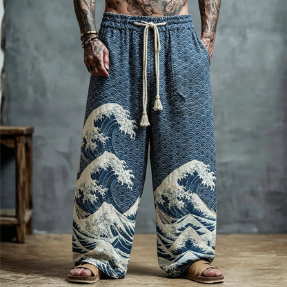Men's Japanese Art Retro Wave Loose Cotton Linen Trousers