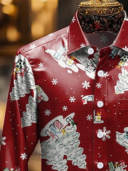 Men's Luxury Christmas Contrast Print Long Sleeve Pocket Shirt