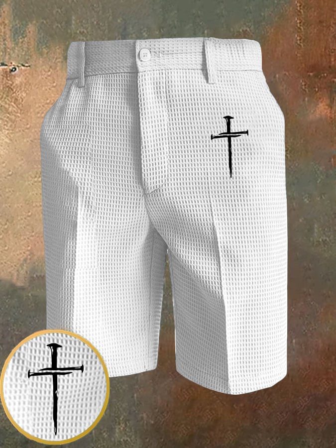 Men's Retro Faith Cross Printed Waffle Casual Pants