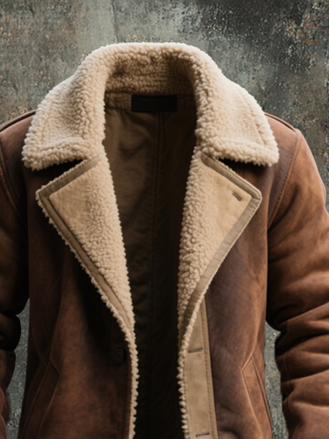 Men's Vintage Suede Colorblock Lambswool Lapel Mid-Length Jacket
