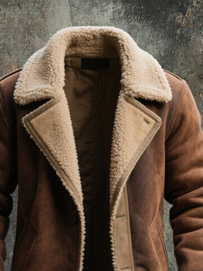 Men's Vintage Suede Colorblock Lambswool Lapel Mid-Length Jacket