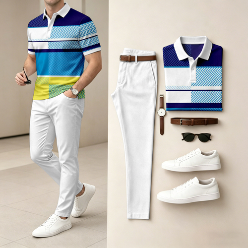 Men's Casual Color-Blocked Printed Short-Sleeve Polo Shirt And Pants Set (Excludes Accessories Such As Watches And Belts)