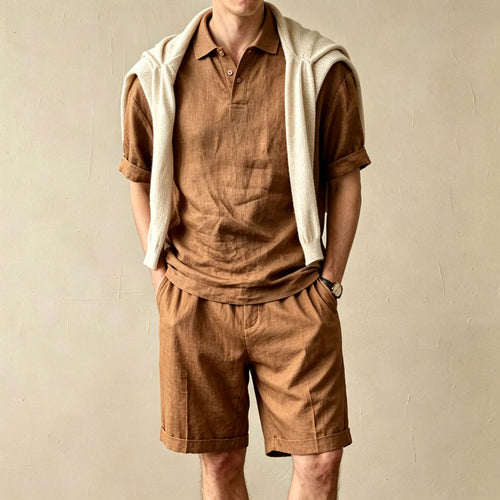 Men's Casual Solid-Color Printed Short-Sleeve Polo Shirt and Shorts Two-Piece Set