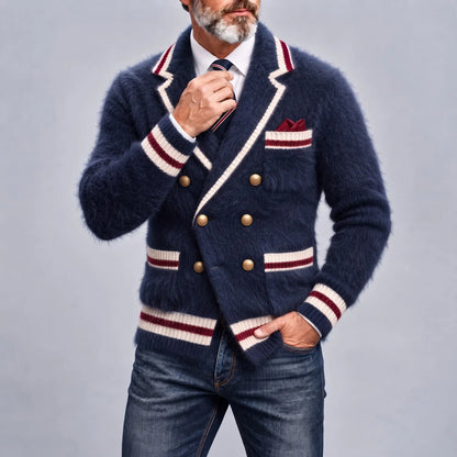 Men's Navy Blue Notch Lapel Double Breasted Contrast Stripes Knit Fuzzy Texture Blazer