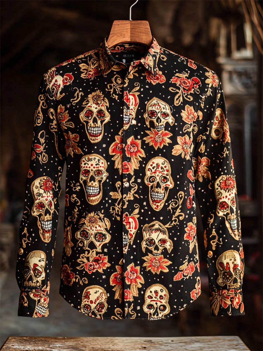 Men's Retro Casual Skull Print Long Sleeve Shirt