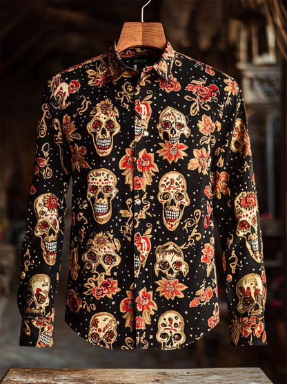 Men's Retro Casual Skull Print Long Sleeve Shirt