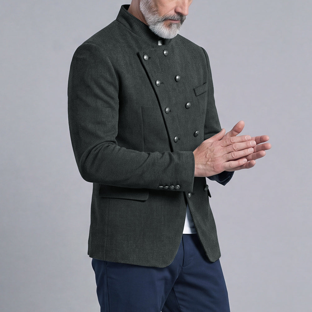 Men's Double-Breasted Slim-Fit Stand-Up Collar Suit with Diagonal Placket