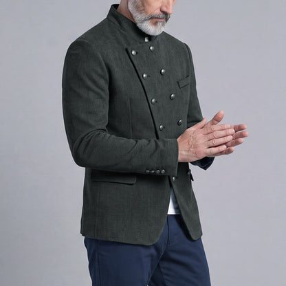 Men's Double-Breasted Slim-Fit Stand-Up Collar Suit with Diagonal Placket