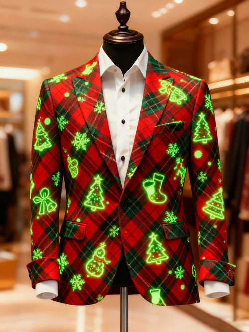 Men's Merry Christmas Reindeer Snowflake Santa Casual Print Notch Lapel Blazers