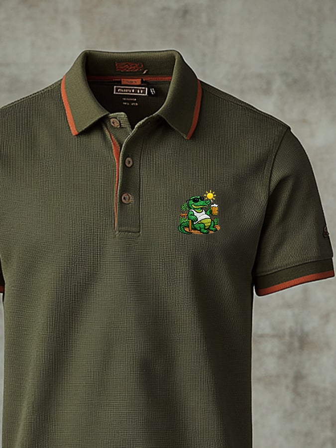 Men's Retro Waffle Colorblock    Embroidered Button-Down Polo Shirt