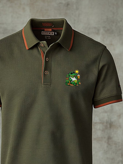 Men's Retro Waffle Colorblock    Embroidered Button-Down Polo Shirt