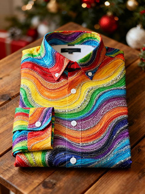 Men's Business Luxury Rainbow Wave Pattern Christmas Long-Sleeved Shirt