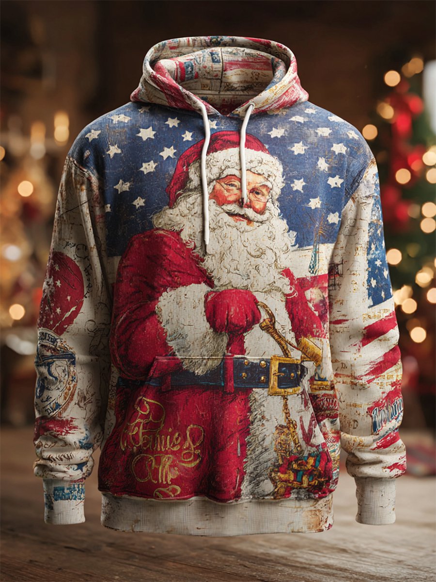 Men's Retro Christmas American Flag Fleece Hoodie