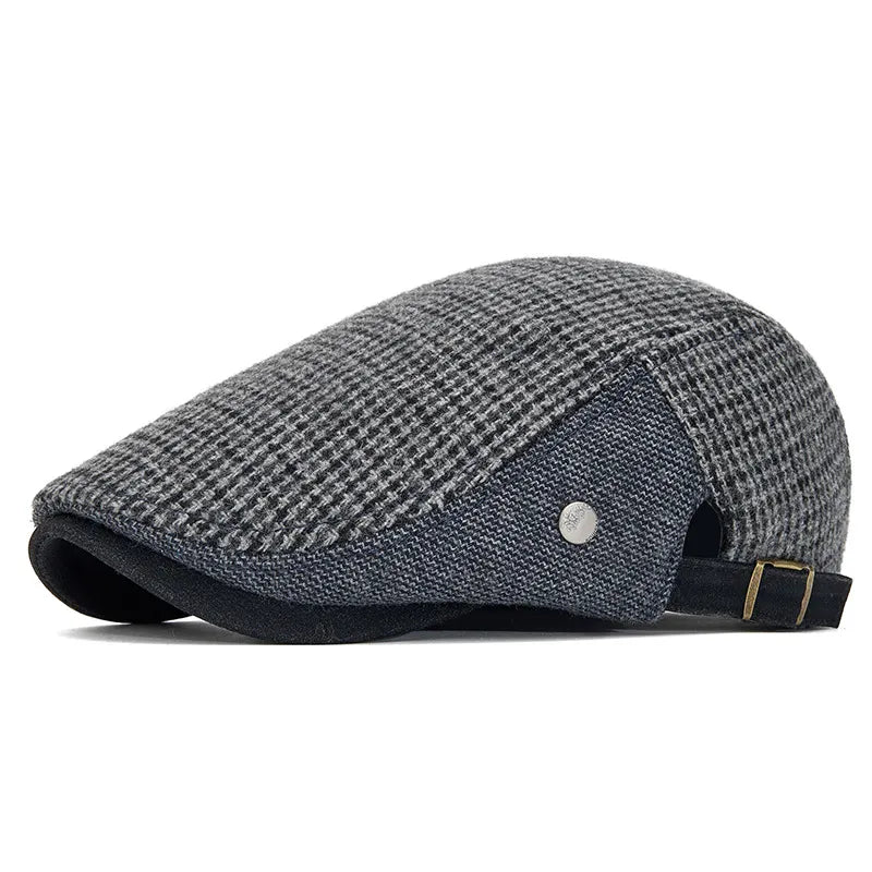Men's Vintage Houndstooth Patchwork Adjustable Buckle Strap Flat Cap