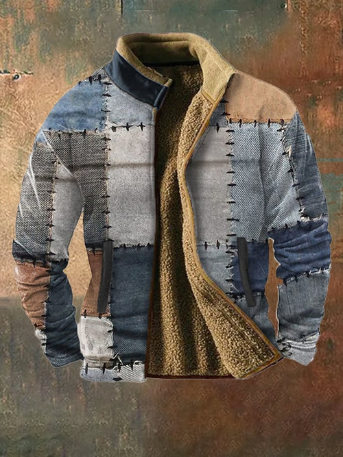 Men's vintage western hunting patchwork warm fleece jacket