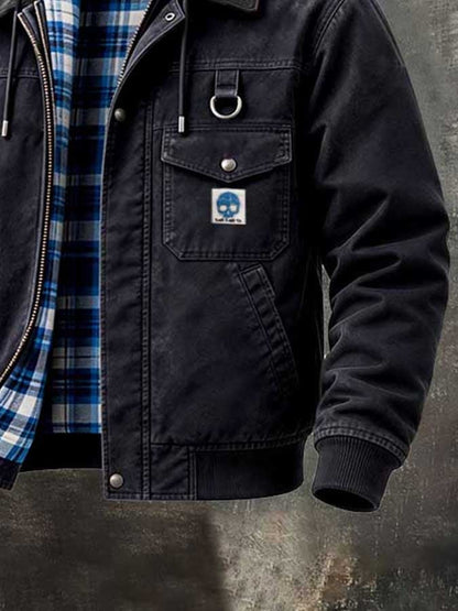 Men'S Retro Color-Block Plaid Hooded Utility Jacket With Zipper