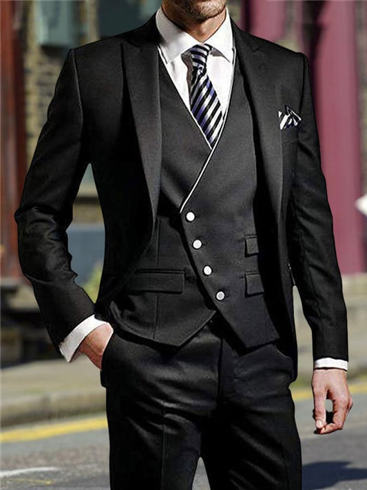 Men's Three-Piece Business Suit With One Button And Contrast Stitching