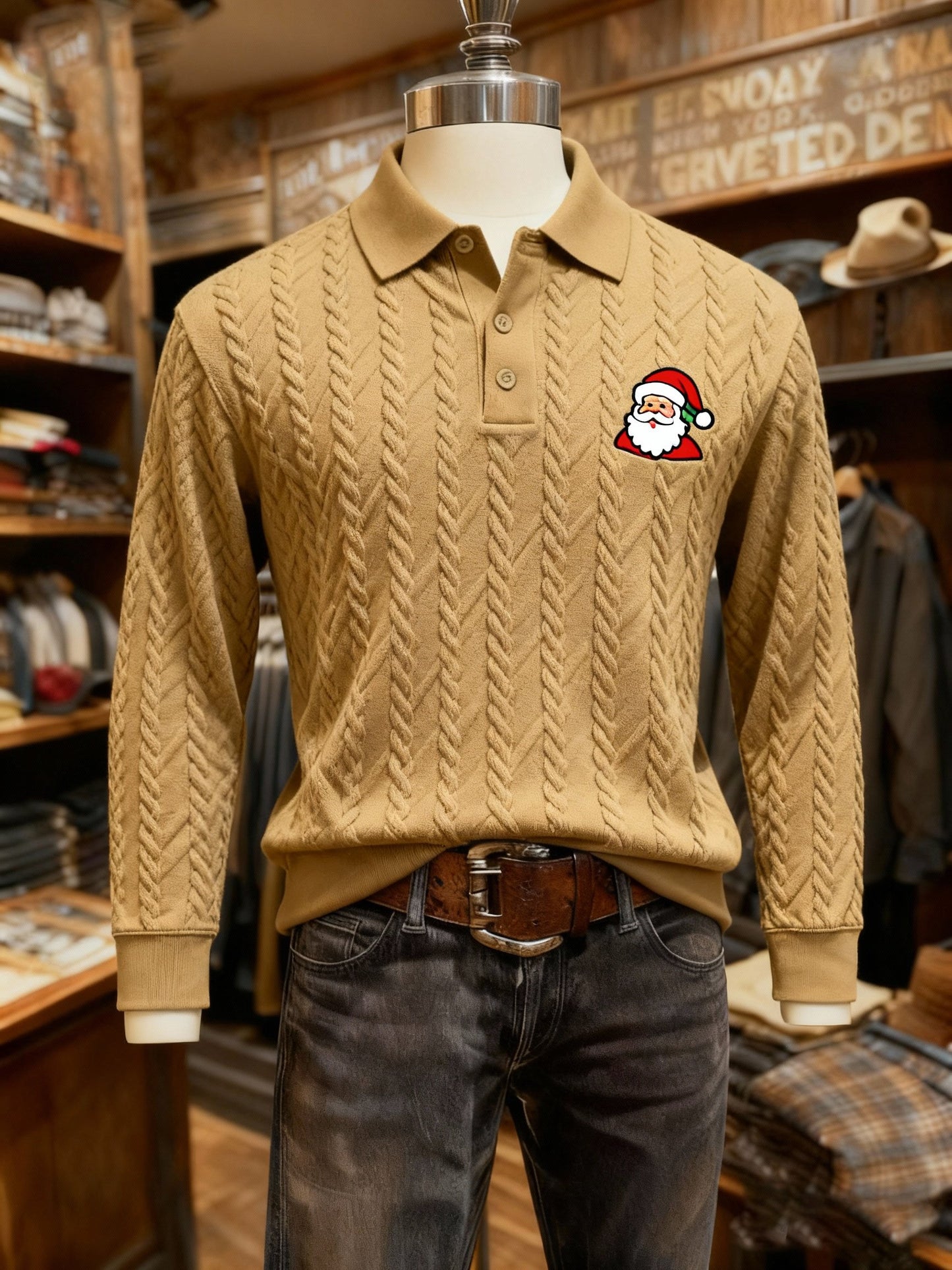 Men's Christmas Business Logo Print Long Sleeve Polo Shirt