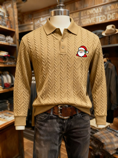 Men's Christmas Business Logo Print Long Sleeve Polo Shirt