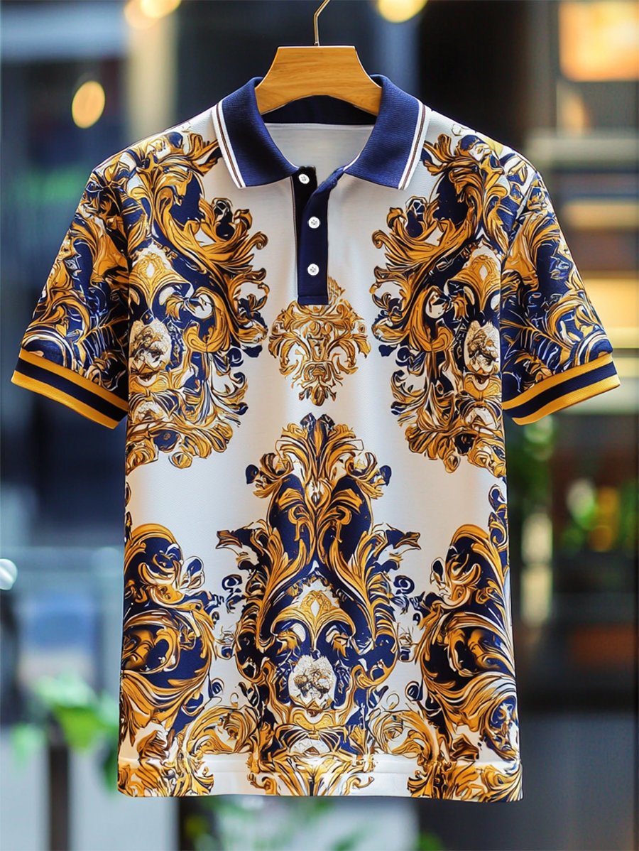 Men's Business Casual Baroque Art Button Short Sleeve Polo Shirt