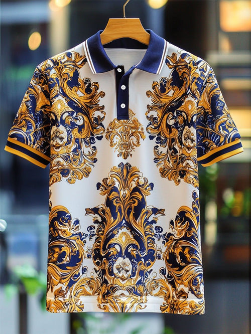Men's Business Casual Baroque Art Button Short Sleeve Polo Shirt