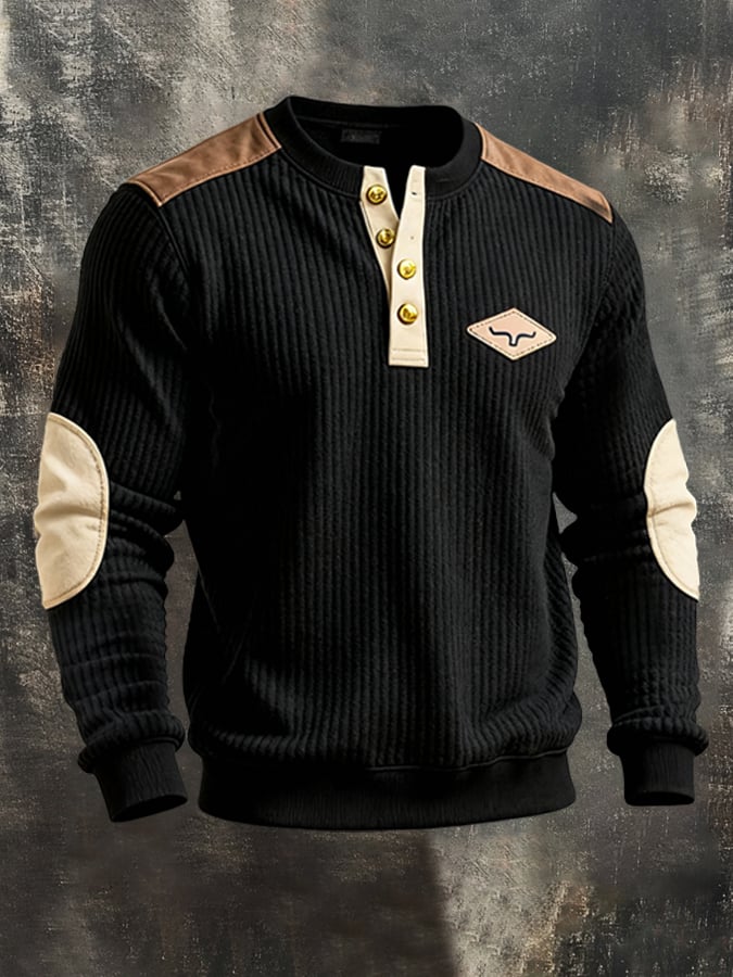 Men'S Ribbed Fabric And Suede Contrast Color Henry Casual Sweatshirt Suit
