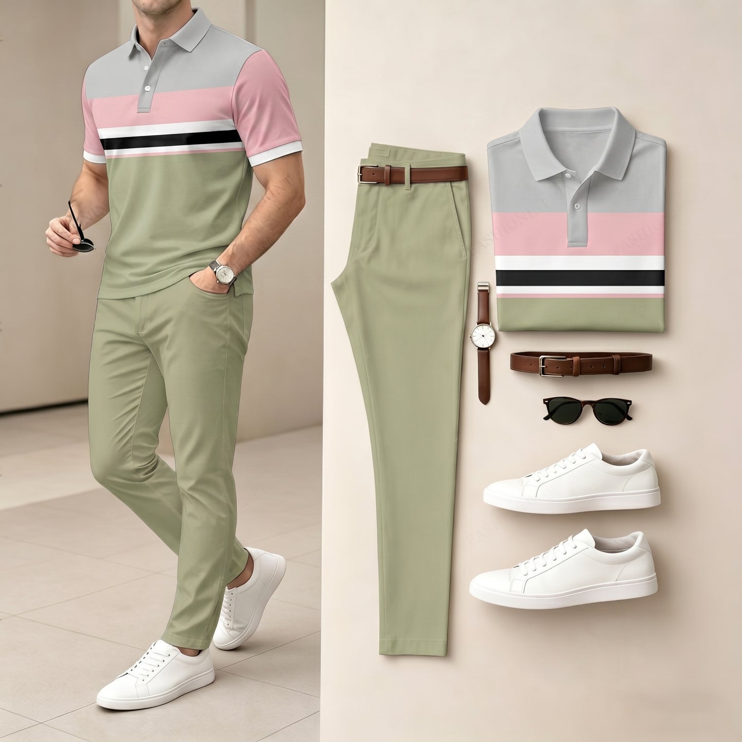 Men's Pink & Geen Color Matching Striped Printed Short Sleeved Polo Shirt & Pants Two-Piece Set
