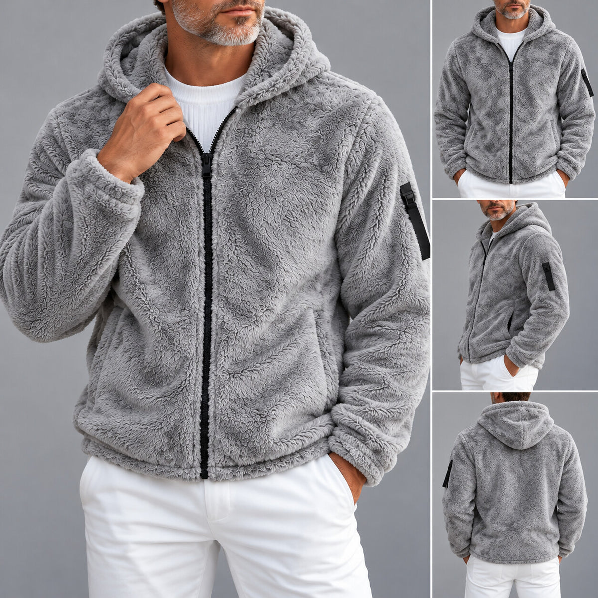 Men's Casual Solid Color Pockets Fluffy Hooded Zip-Up Jacket