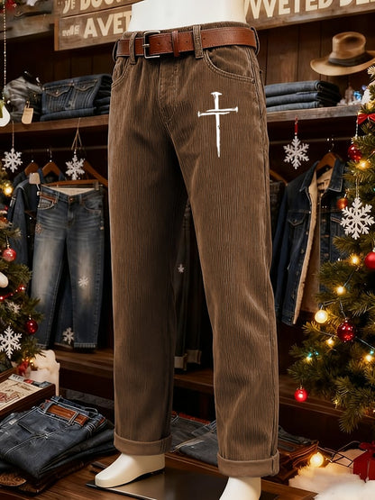 Men's Vintage Faith Cross Design Corduroy Casual Pants